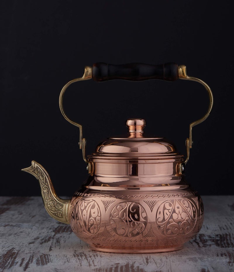 DEMMEX Handmade Engraved 1mm Thick Solid Uncoated Copper Tea Pot Kettle Stovetop Teapot, 1.6-Quart - Image 2